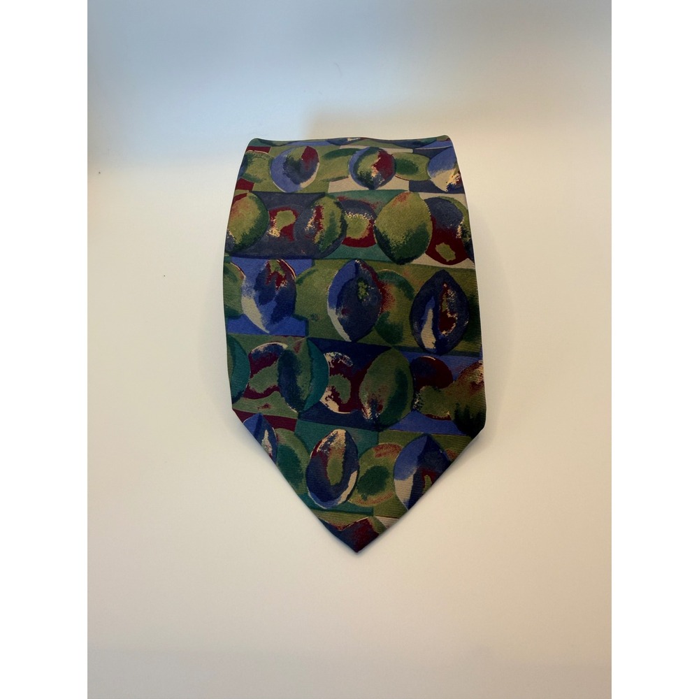 Bill Blass Mens Silk Tie Abstract Geometric Green Blue Burgundy Designer Necktie